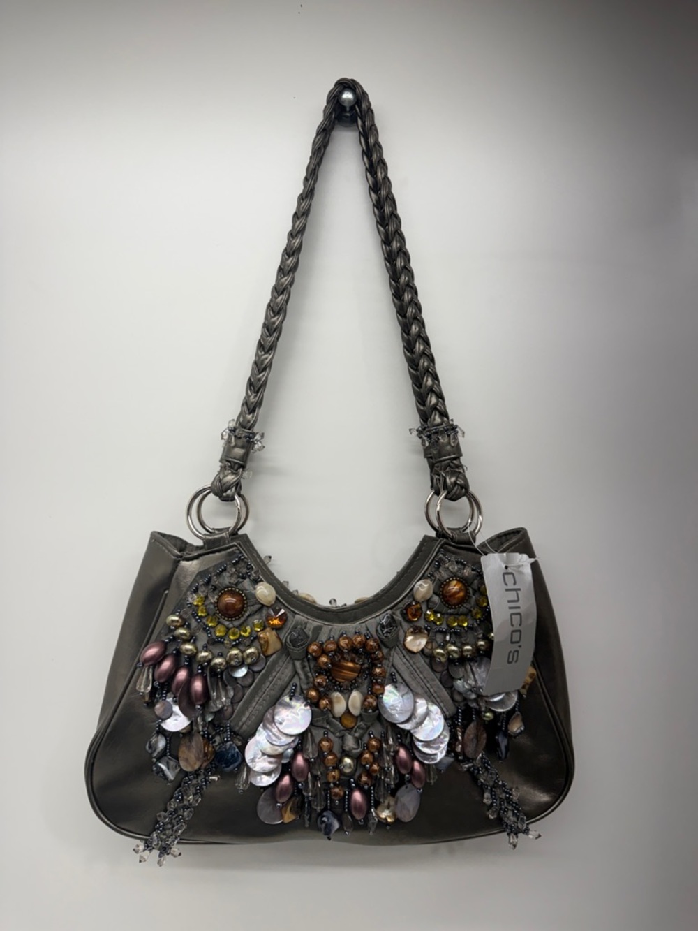 Chico’s heavily beaded NWT gray purse shell silver beaded shoulder bag